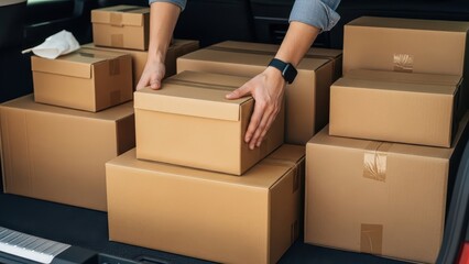 Housing moving checklist concept. Person loading cardboard boxes into a vehicle's trunk for delivery or storage.
