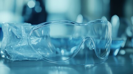 Clear protective safety glasses with a transparent plastic design resting on a reflective surface with a soft blue background