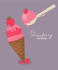 Illustration Ice Cream at Strawberry Taste and Ice Cream Scoop