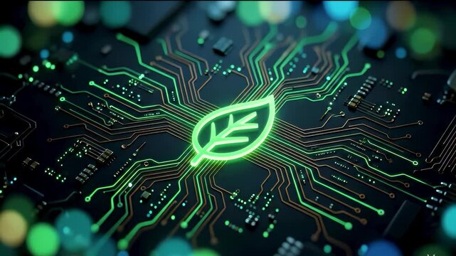 Green technology concept with leaf symbol integrated into circuit board, representing sustainability, innovation, energy efficiency, electronic, digital system, eco technology, environmental computing