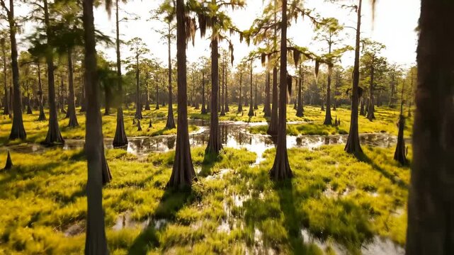 Sunlit swamp forest with water reflection