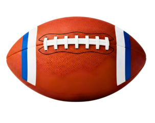 An isolated close-up image of an american football with blue stripes on a black background isolated on transparent background