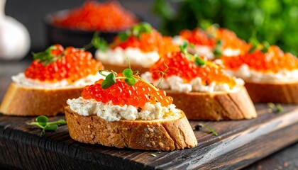 Gourmet Baguette Appetizers with Cream Spread, Red Caviar, and Parsley on Elegant Dark Surface