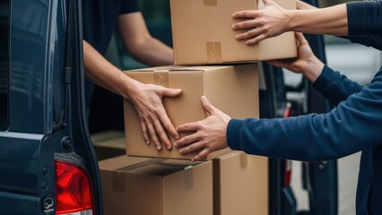 Housing moving checklist concept. Delivery personnel exchanging packages from a van, showcasing teamwork and logistics in action.