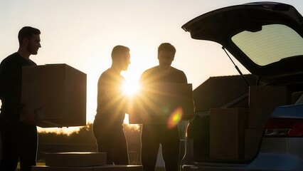 Housing moving checklist concept. Silhouetted men carrying boxes during sunset near a car.