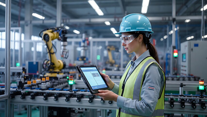 Female engineer using tablet in modern industrial factory with robotic arms