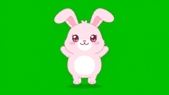 Cute pink bunny standing upright in a bright cartoon scene on green background.