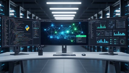 Advanced Data Center Monitoring Station with Multiple Screens Displaying Network and Analytics.