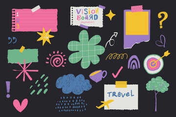 Set of Vision board collage template, taped notebook papers and notes Hand Drawn.