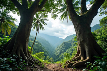 Beautiful landscape of tropical jungles of Asia, nature of wild rainforest, view from above on mountainous terrain. Large trees in the foreground form a natural arch. Template for cards, covers.