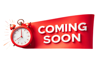 Coming soon announcement with alarm clock and red ribbon