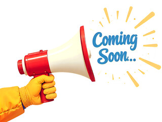 Cartoon hand with megaphone announcing coming soon