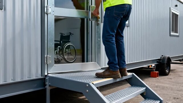 Close medium shot of a portable modular office trailer featuring sturdy steps and a secure entrance emphasizing easy access for site personnel.