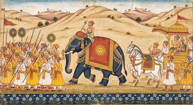 Traditional Indian Royal Procession with Elephant and Chariot - Historical Miniature Painting Style
