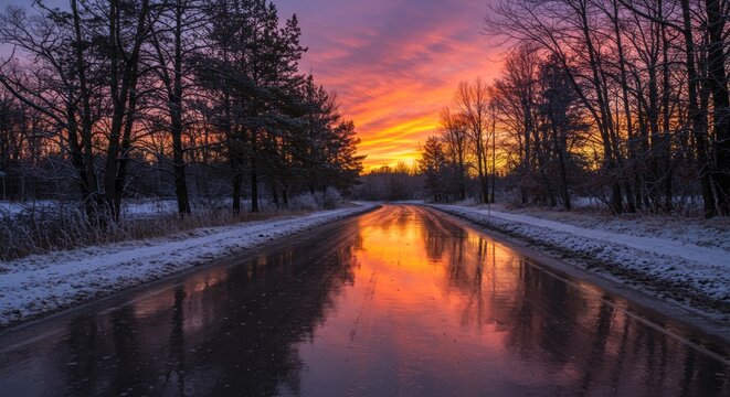 A serene winter canal scene at sunset with snow-covered banks and trees reflecting vibrant colors on calm water - Powered by Adobe
