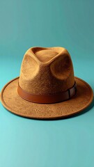 Stylish Brown Fedora Hat on Teal Background - A Classic Accessory.
