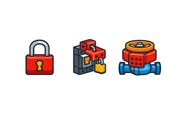 Fototapeta premium Three icons: padlock, dice with lock, and pipe valve