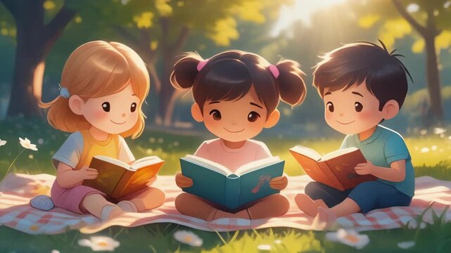 Children reading book together outdoors