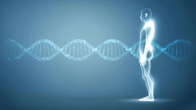Futuristic representation of a human figure and DNA strands illustrating concepts of genetics and biotechnology.