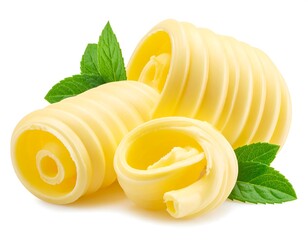 Three swirls of creamy dairy fat sit with vibrant green leaves on a stark white background