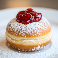 Delicious Jelly-Filled Doughnut with Powdered Sugar and Strawberry Jam Topping