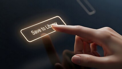 Finger Touching Glowing Button Save to Library on Digital Screen.