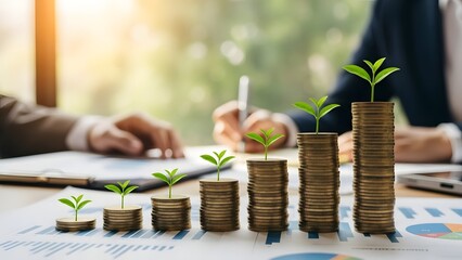Fototapeta premium Financial growth and wealth management investment. Business banking and capital accumulation. Growing plant on coin stacks on office desk with charts