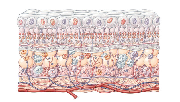 Isolated detailed drawing of gut mucosal barrier emphasizing cellular components and protective mucus on a pure white background with clear visual differentiation.