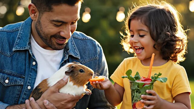 Man and girl feeding guinea pig outdoors