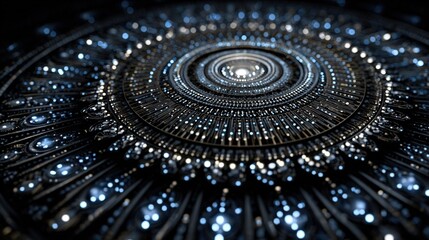 A futuristic circular pattern with glowing blue and white dots and lines on a dark background