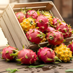 Fresh Dragon Fruits in Wooden Crate on Rustic Table with Green Leaves