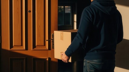 Housing moving checklist concept. A person carrying a box stands at a wooden door, ready to enter.