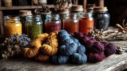 Plant-dyed wool fibers with natural dyes in purple, red, yellow, and blue tones beside dye jars