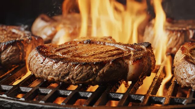 Steaks Grilling on Open Flame