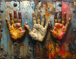 Three textured hands cast in bold colors attached to a metal surface, creating an abstract and expressive artwork