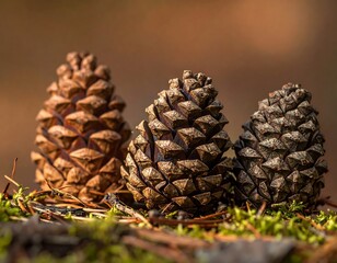 Three textured pine cones, arranged side-by-side, are the focal point against a blurred background of earth tones