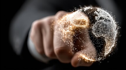 A hand extends towards a glowing, transparent, 3D globe surrounded by sparkling particles