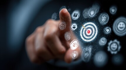 A hand pointing at a digital target icon surrounded by various other icons on a dark background
