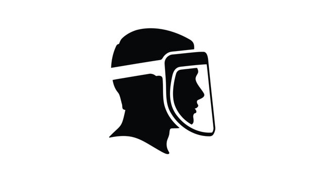 Silhouette of a person wearing protective face shield and helmet