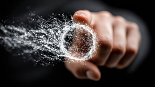A hand with glowing networks exploding from the fist