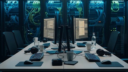 Modern Server Room with Multiple Computer Workstations and Racks.