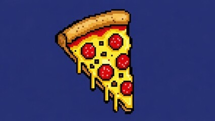 Pixel art pepperoni pizza slice. Dripping cheese on a dark blue background. Retro digital illustration. Copy space for text