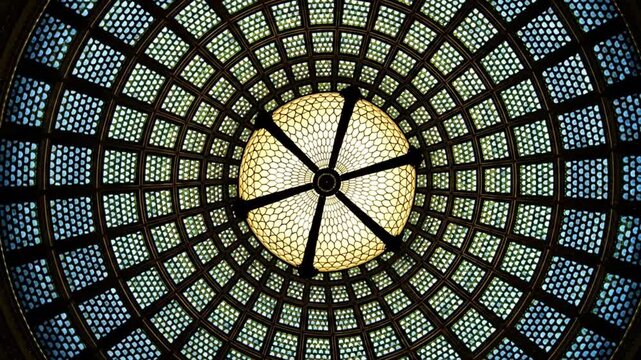 A majestic stained glass dome with intricate patterns and a central rosette is viewed from below in a grand architectural setting
