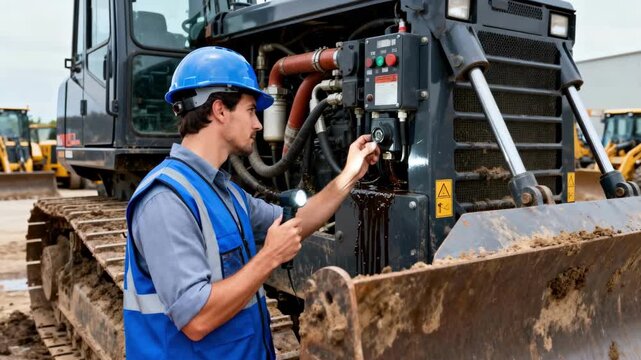 Technician inspecting a heavyduty trencher before a leasing handover ensuring equipment readiness for excavation tasks.