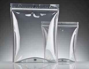Three transparent, stand-up, resealable pouches of varying sizes are arranged against a gradient grey backdrop, showcasing their design