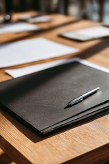 Fototapeta premium Professional desk scene featuring a black folder, documents, and a calm, neutral palette