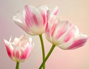 Three tulips with petals of white and pink hues, poised gracefully against a blurred, gradient background