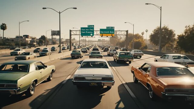Vintage cars on busy highway