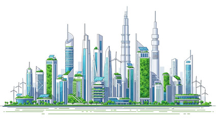 Obraz premium Futuristic cityscape with modern skyscrapers and wind turbines.