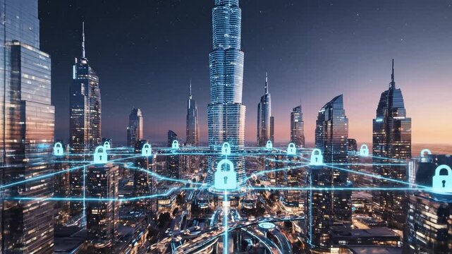 Futuristic city with digital locks